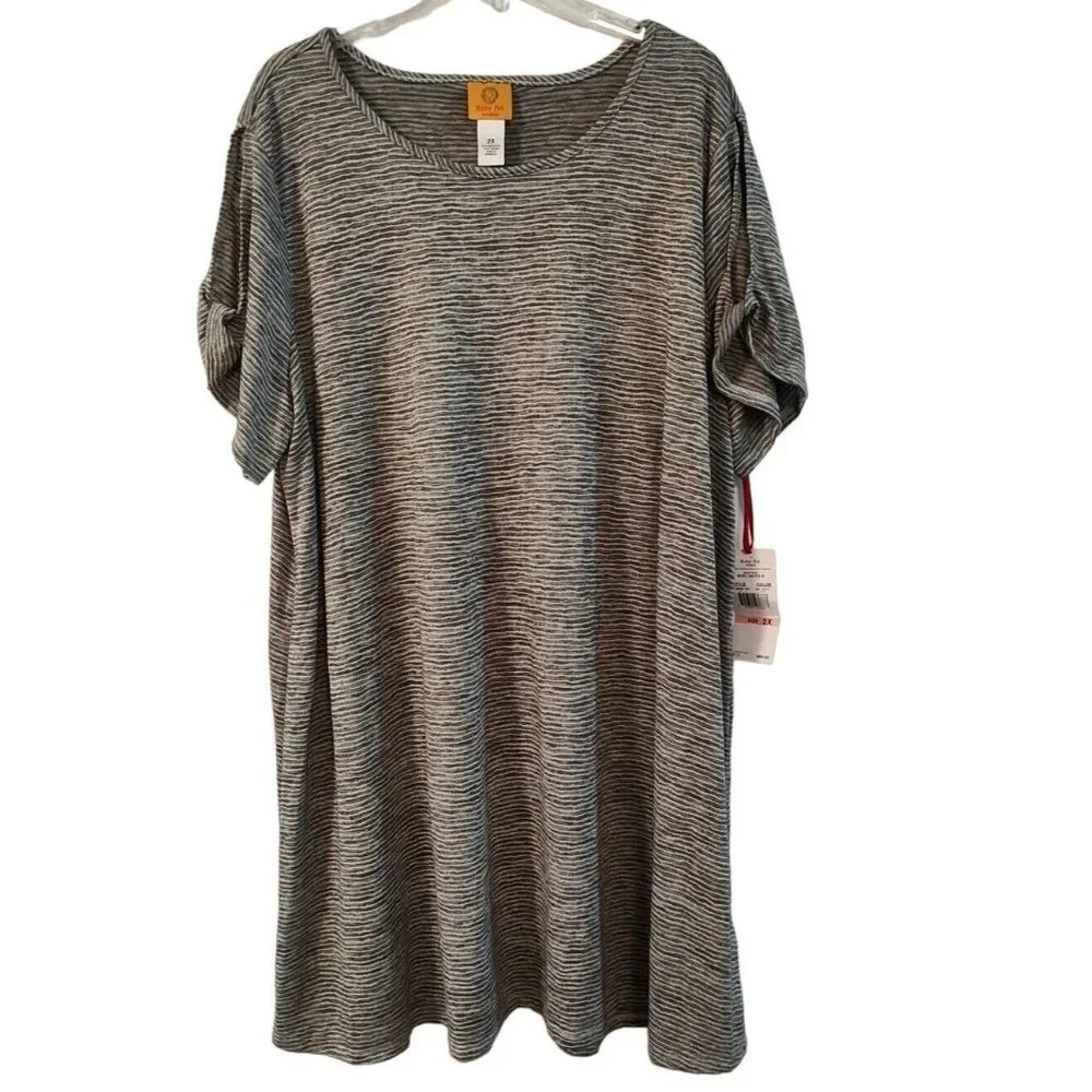 Ruby Rd Olive Green Striped Dress Women Size 2X Cold Shoulder Short Sleeve NEW